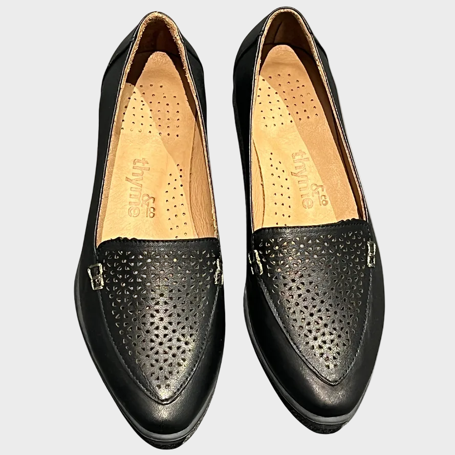 Thyme and Co Fancy Black Leather Flat Loafer