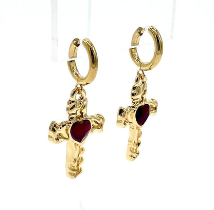 Cross Red Heart Gem Earrings