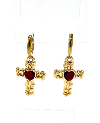 Cross Red Heart Gem Earrings
