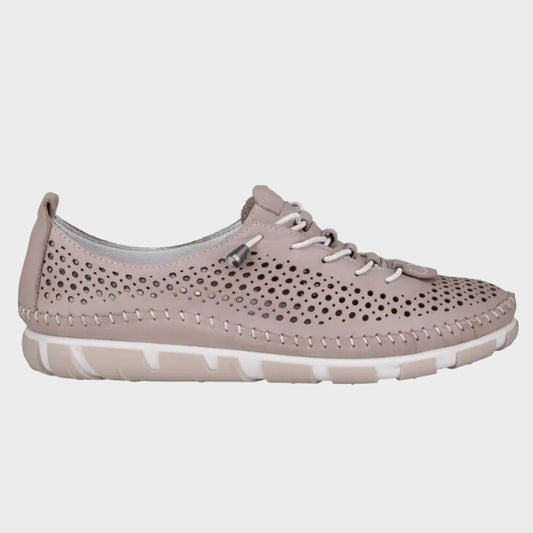 Cabello slip-on sneaker in a light taupe-beige color, featuring a perforated upper, white laces, and a white and beige wavy sole, shown against a plain white background.
