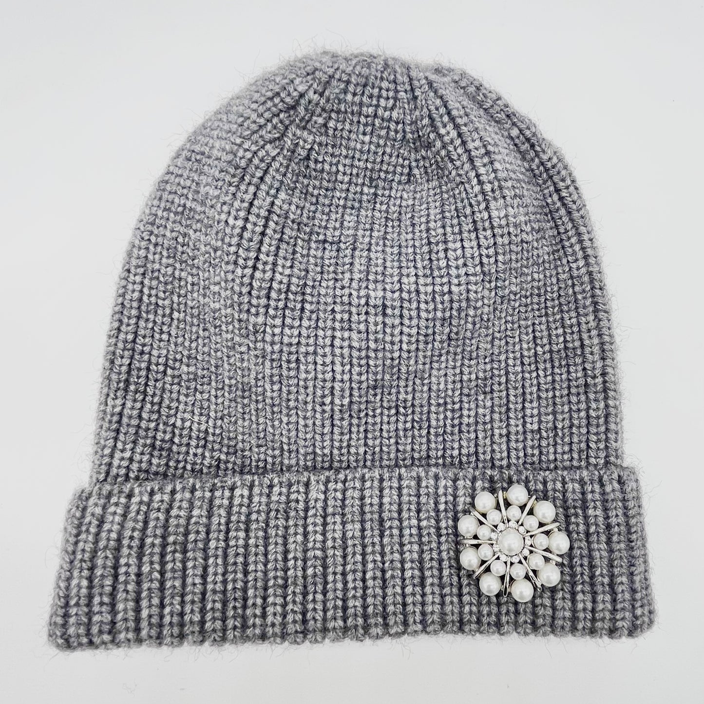 Pinned Brooch Grey Winter Fashion Beanie