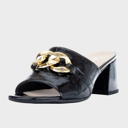 Gabor Gold Chain Black Patent Leather Mule Heel