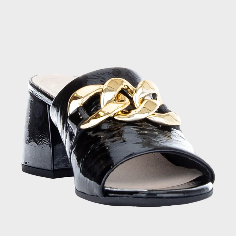 Gabor Gold Chain Black Patent Leather Mule Heel