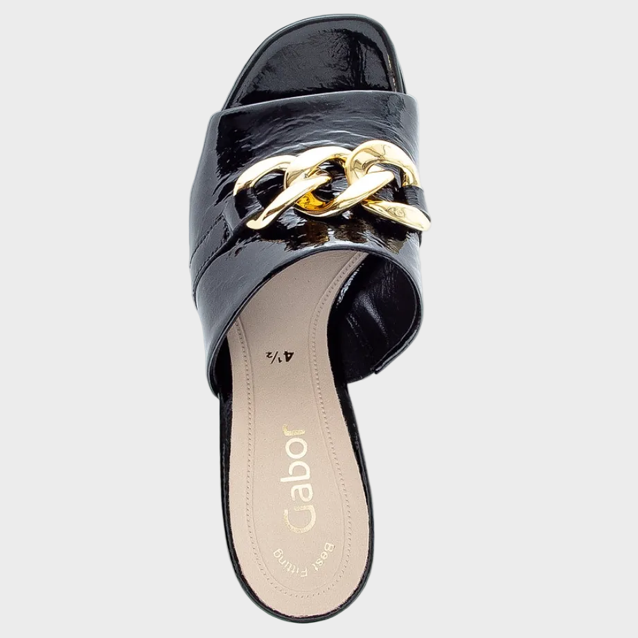 Gabor Gold Chain Black Patent Leather Mule Heel