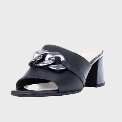 Gabor Silver Chain Black Leather Mule Heel