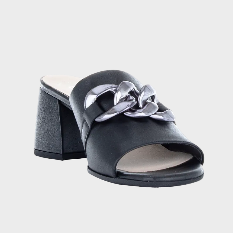 Gabor Silver Chain Black Leather Mule Heel