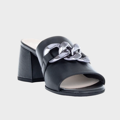 Gabor Silver Chain Black Leather Mule Heel