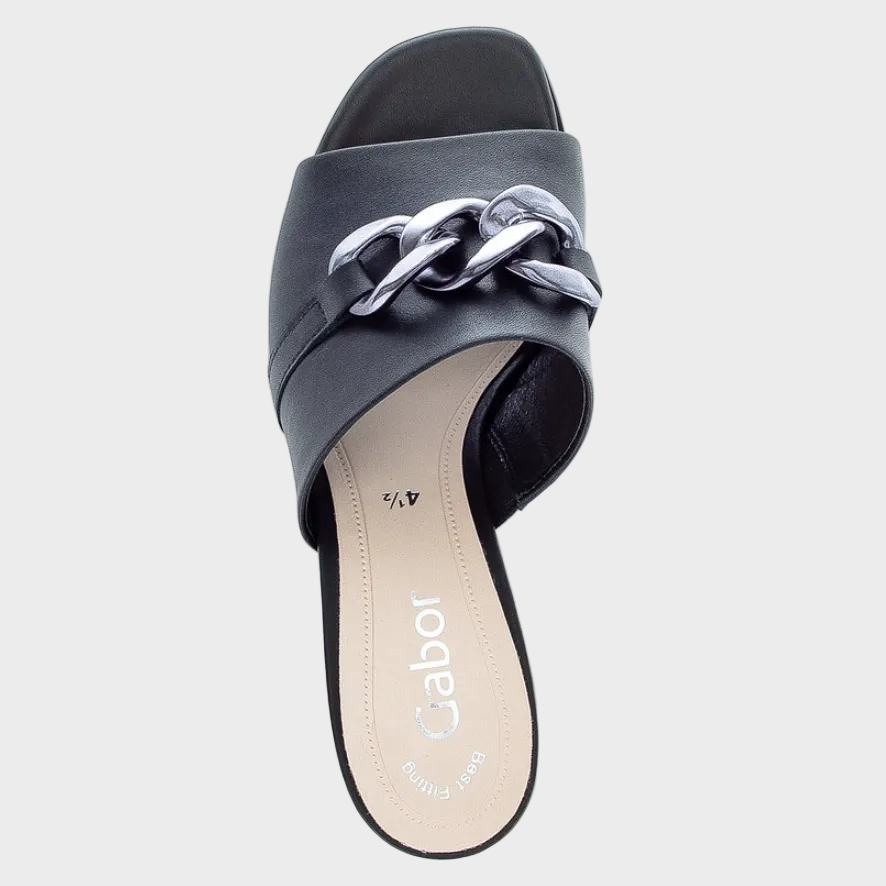Gabor Silver Chain Black Leather Mule Heel