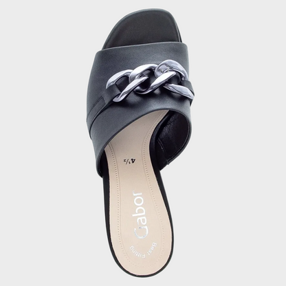 Gabor Silver Chain Black Leather Mule Heel