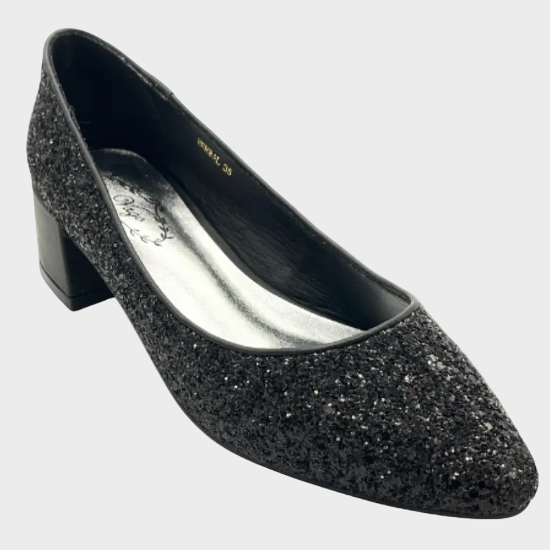 Vago Hone Black Glitter Leather Court Heel