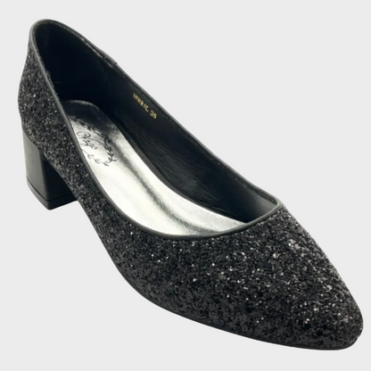 Vago Hone Black Glitter Leather Court Heel