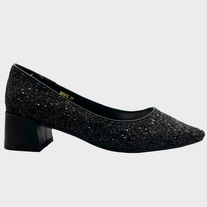 Vago Hone Black Glitter Leather Court Heel