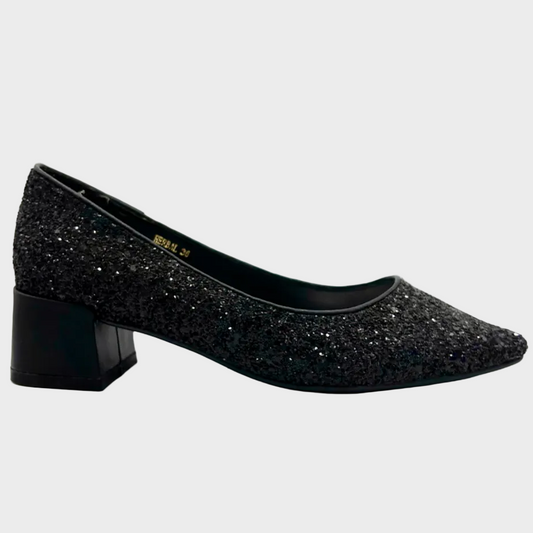 Vago Hone Black Glitter Leather Court Heel