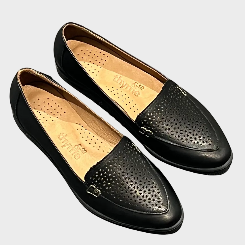 Thyme and Co Fancy Black Leather Flat Loafer