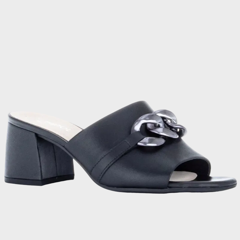 Gabor Silver Chain Black Leather Mule Heel