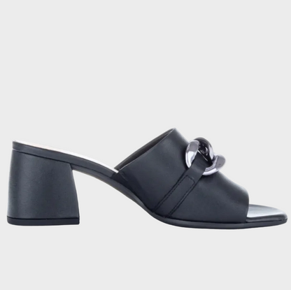 Gabor Silver Chain Black Leather Mule Heel