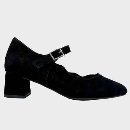 Via Nova Scalloped Mary-Jane Black Suede Heel